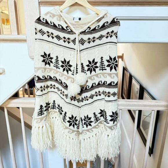J. Crew Hand-knit 100% Wool Fair isle Motif Fringe Hooded Poncho One Size - Picture 2 of 13
